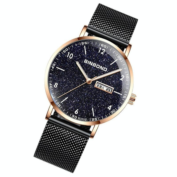 Starry Sky Pattern Quartz Watch For Men Simple & Luminous Black Mash Shell White Nails Watches