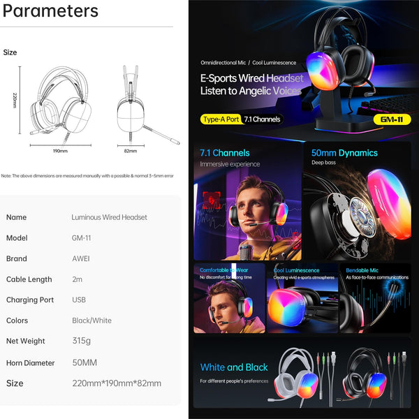 2M Luminous Wired Awei Gm 11 Black Headphones