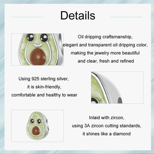 925 Sterling Silver Diy Cute Avocado Beads & Platinum Charms & Pendants