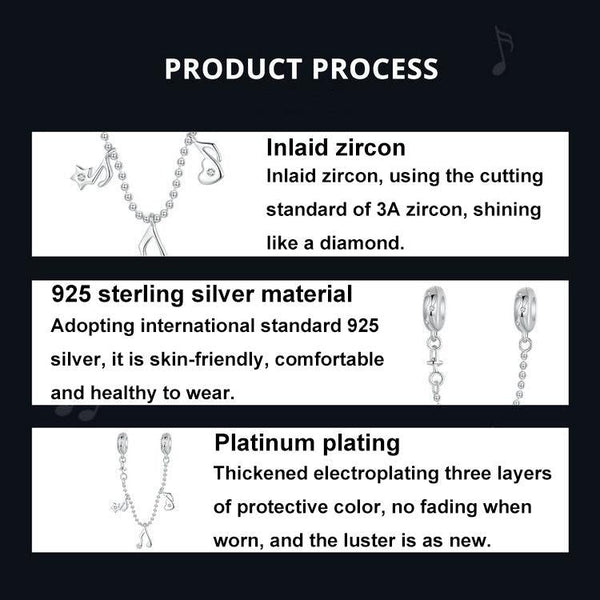 925 Sterling Silver Platinum Plated Note Safety Chain Pendant Charms & Pendants