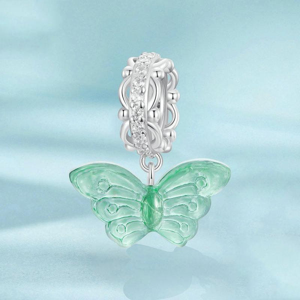 925 Sterling Silver Platinum Plated Zircon Butterfly Glass Pendant Charms & Pendants