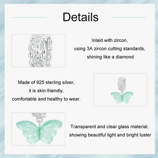 925 Sterling Silver Platinum Plated Zircon Butterfly Glass Pendant Charms & Pendants