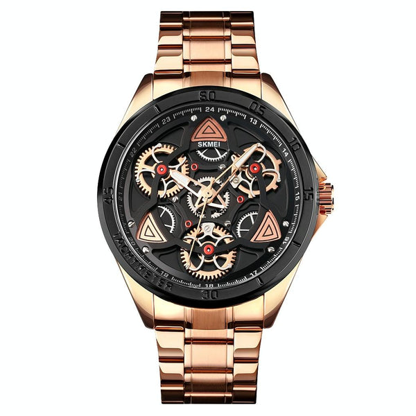 Waterproof Men Quartz Watch With Rotatable Gear Dial Rose Gold Shell Black Surface Watches