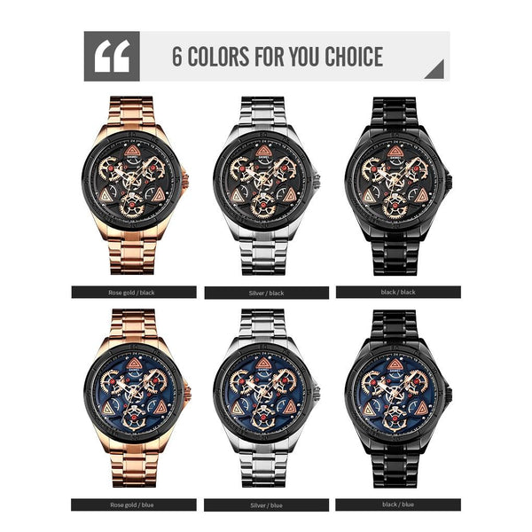 Waterproof Men Quartz Watch With Rotatable Gear Dial Rose Gold Shell Black Surface Watches