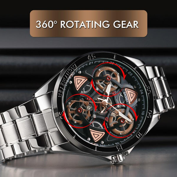 Waterproof Men Quartz Watch With Rotatable Gear Dial Rose Gold Shell Black Surface Watches