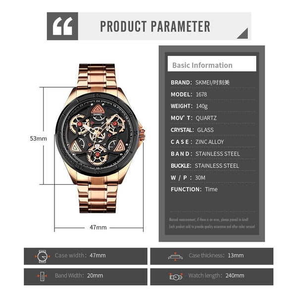 Waterproof Men Quartz Watch With Rotatable Gear Dial Rose Gold Shell Black Surface Watches