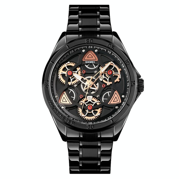 Waterproof Men Quartz Watch With Rotatable Gear Dial Rose Gold Shell Black Surface Watches