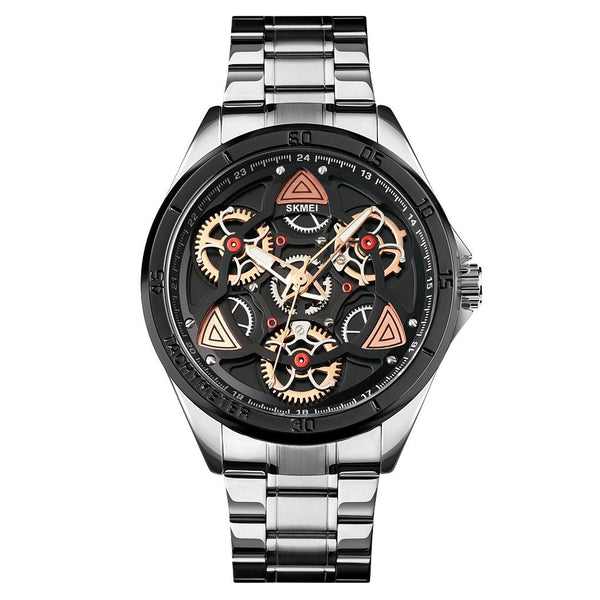 Waterproof Men Quartz Watch With Rotatable Gear Dial Rose Gold Shell Black Surface Watches
