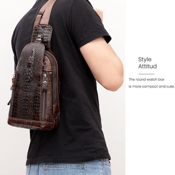 Men Cowhide Crocodile Texture Crossbody Chest Bag One Shoulder Design Pattern Bags