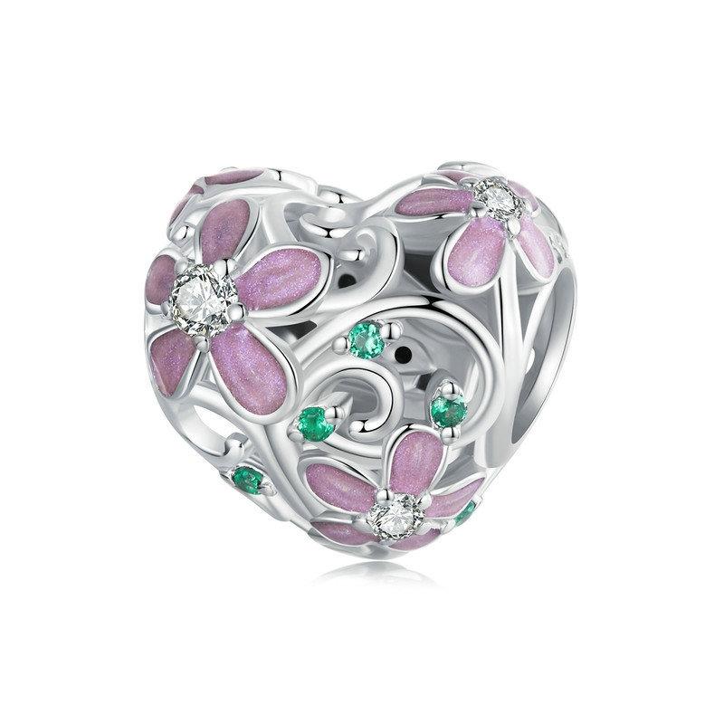 925 Sterling Silver Platinum Plated Zircon Heart Flower Vine Diy Beads Charms & Pendants