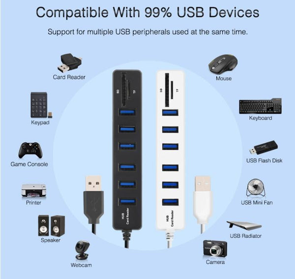 6 Port Usb Hub With Tf / Sd Card Reader High Speed Black Usb Cables Hubs & Adapters
