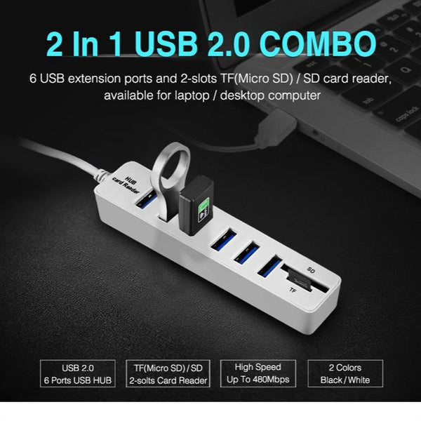 6 Port Usb Hub With Tf / Sd Card Reader High Speed Black Usb Cables Hubs & Adapters