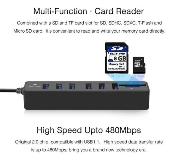 6 Port Usb Hub With Tf / Sd Card Reader High Speed Black Usb Cables Hubs & Adapters