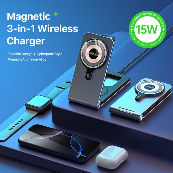 15W 3 In Foldable Mag Netic Wireless Charger Grey Chargers & Cradles