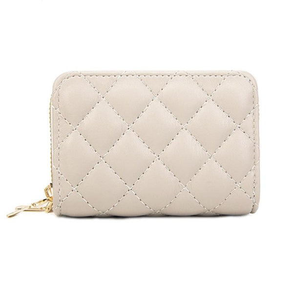 Double Layer Zipper Wallet Multi Card Slot Large Capacity Rhombus Design Beige Wallets