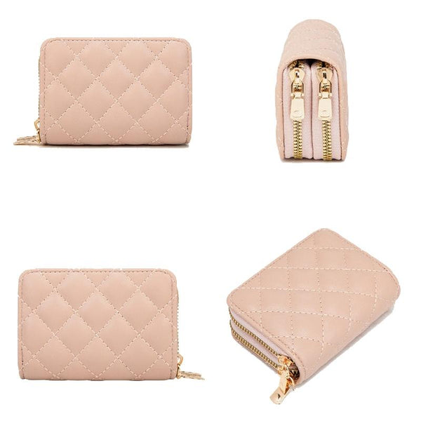 Double Layer Zipper Wallet Multi Card Slot Large Capacity Rhombus Design Beige Wallets