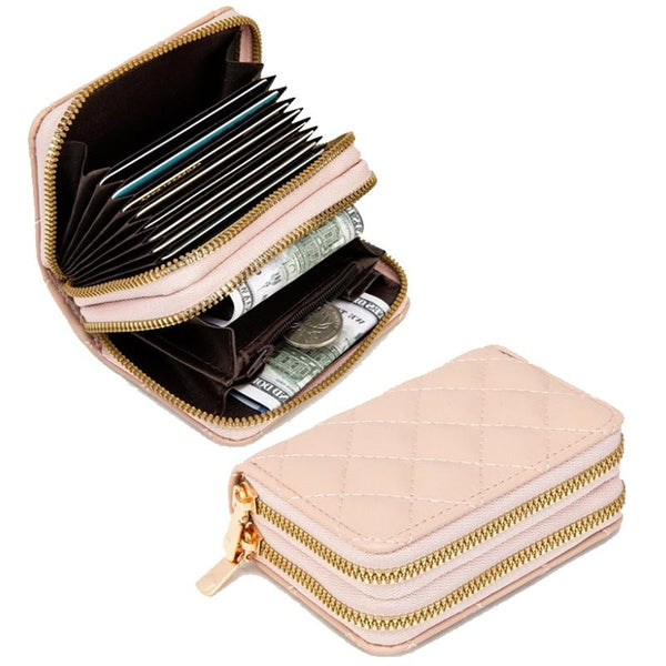 Double Layer Zipper Wallet Multi Card Slot Large Capacity Rhombus Design Beige Wallets
