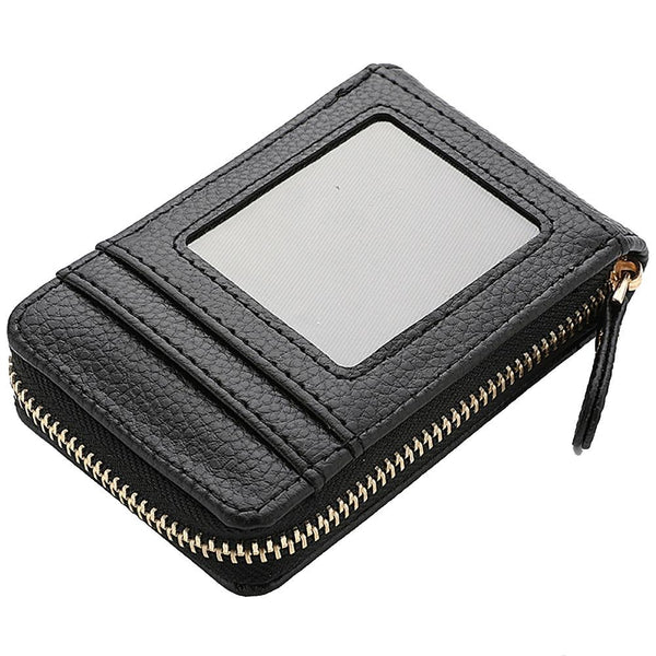 Multi Slot Short Card Holder With Zipper Coin Purse Leather Black Business Card Holders