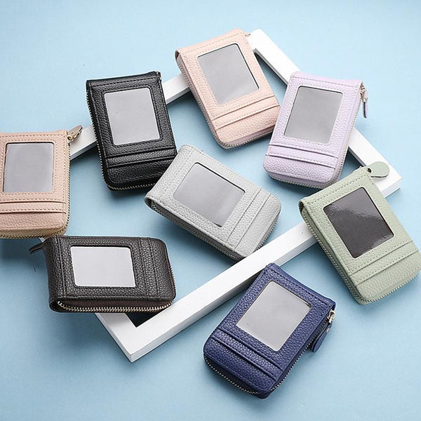 Multi Slot Short Card Holder With Zipper Coin Purse Leather Black Business Card Holders