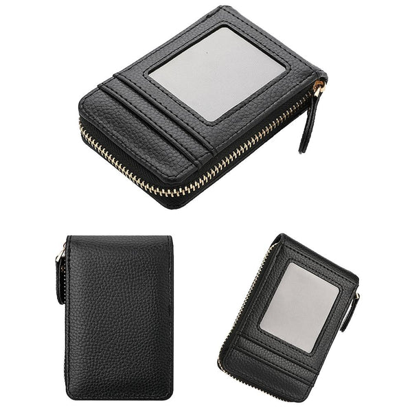 Multi Slot Short Card Holder With Zipper Coin Purse Leather Black Business Card Holders