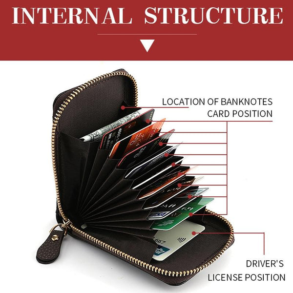 Multi Slot Short Card Holder With Zipper Coin Purse Leather Black Business Card Holders