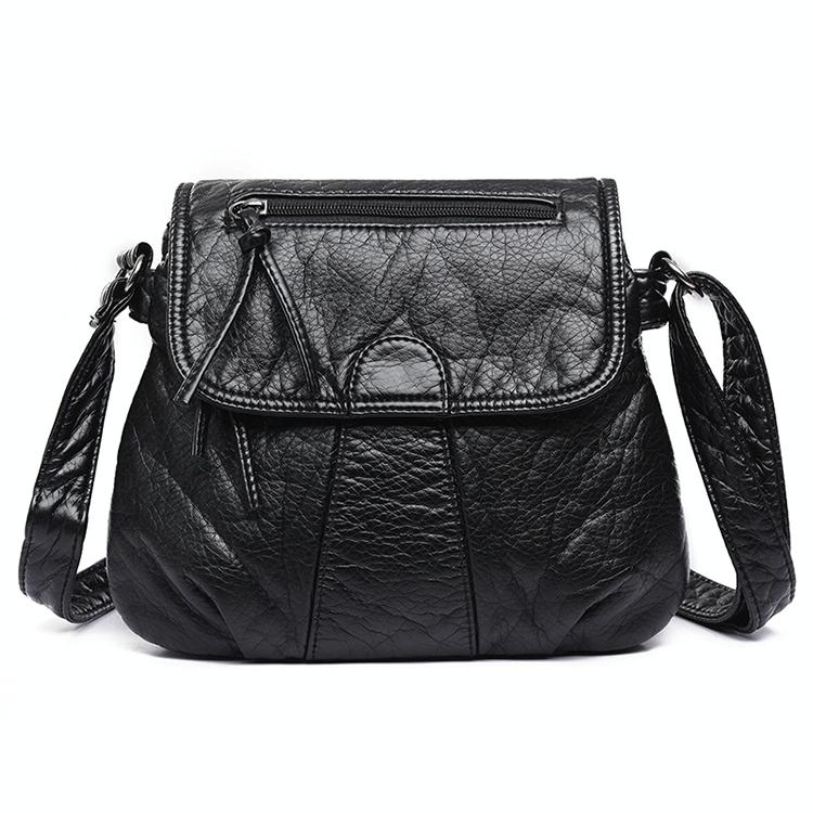 Soft Washed Leather Messenger Bag For Women Fashionable And Versatile Black Women's Bags & Handbags