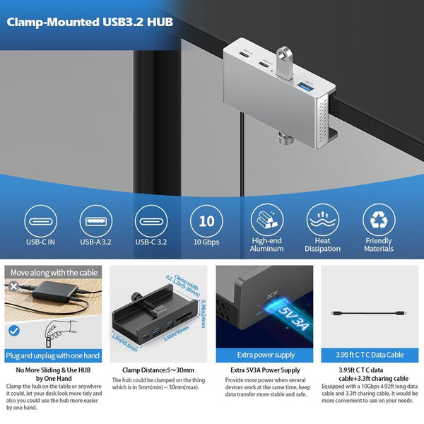 4 Port Usb3.0 Clamp Hub In Aluminum Alloy Black Usb Cables Hubs & Adapters