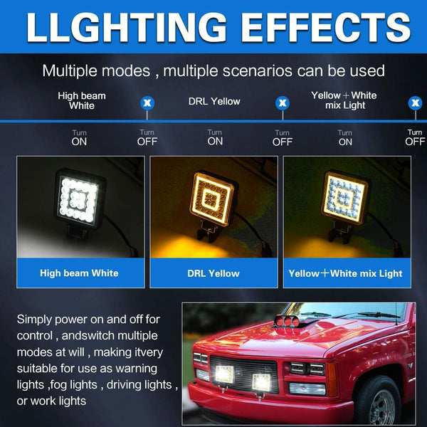 1 Pair 4 Inch Square Double Circle Angel Eye Work Light Black Led Car Lights