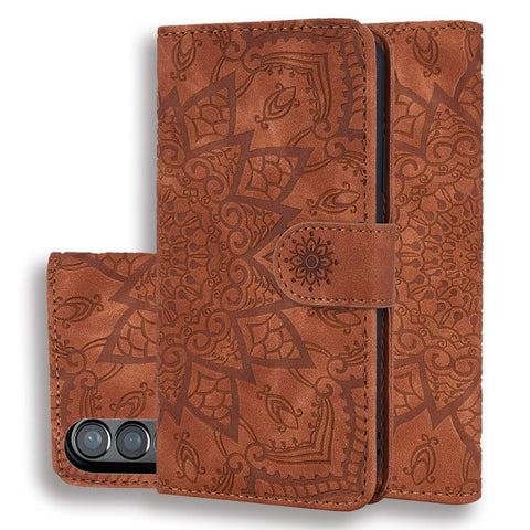 For Samsung Galaxy Z Fold4 5G Dual Mandala Leather Case Embossed Design Brown Cases Covers & Skins