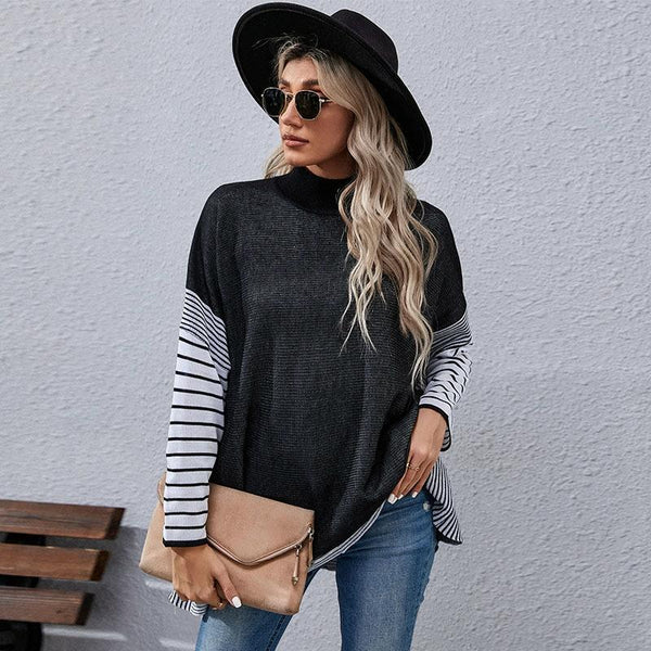 Women Long Sleeve Mock Neck Striped Knit Sweater Casual Tops Black Coats Jackets & Vests