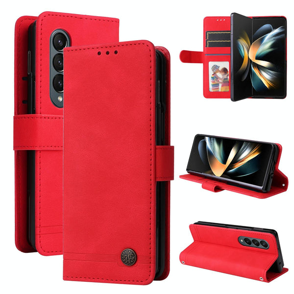 For Samsung Galaxy Z Fold4 5G Metal Button Leather Case Tree Design Red Cases Covers & Skins
