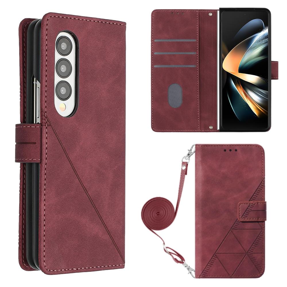 Embossed Leather Flip Crossbody Phone Case 3D Design For Samsung Galaxy Z Fold4 5G Wine Red Other Mobile Accessories