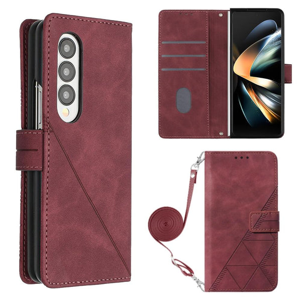 Embossed Leather Flip Crossbody Phone Case 3D Design For Samsung Galaxy Z Fold4 5G Wine Red Other Mobile Accessories