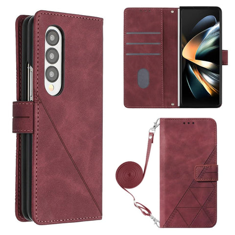 Embossed Leather Flip Crossbody Phone Case 3D Design For Samsung Galaxy Z Fold4 5G Wine Red Other Mobile Accessories