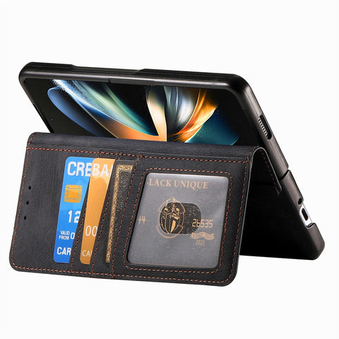 For Samsung Galaxy Z Fold4 5G Vintage Magnetic Wallet Case Zipper Closure Black Wallets