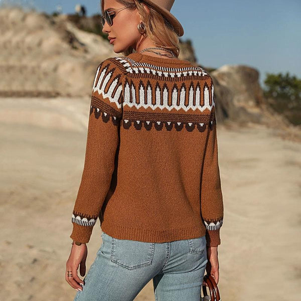 Fall Winter Women Knitted Long Sleeve Sweater Pullover Brown M Jumpers & Cardigans