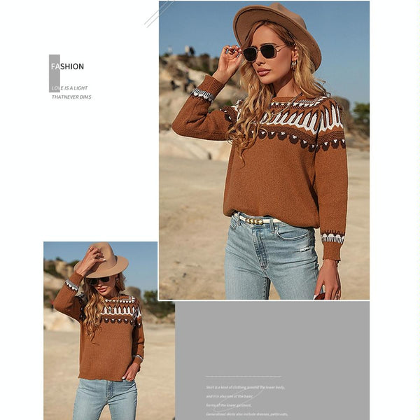 Fall Winter Women Knitted Long Sleeve Sweater Pullover Brown M Jumpers & Cardigans