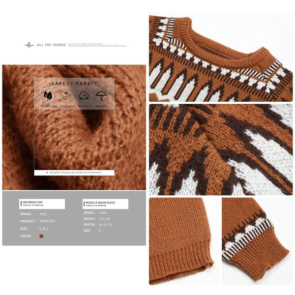 Fall Winter Women Knitted Long Sleeve Sweater Pullover Brown M Jumpers & Cardigans