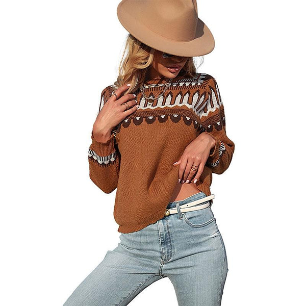 Fall Winter Women Knitted Long Sleeve Sweater Pullover Brown M Jumpers & Cardigans