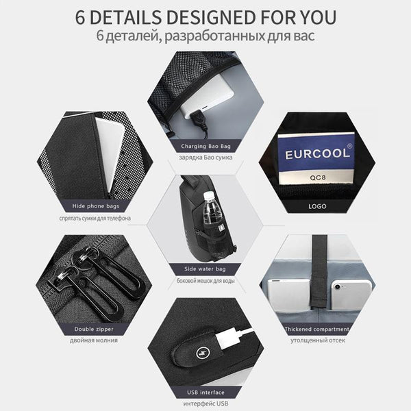 Water Repellent Multi Function Chest Bag With Usb Charging Port Men Crossbody Shoulder Black Bags