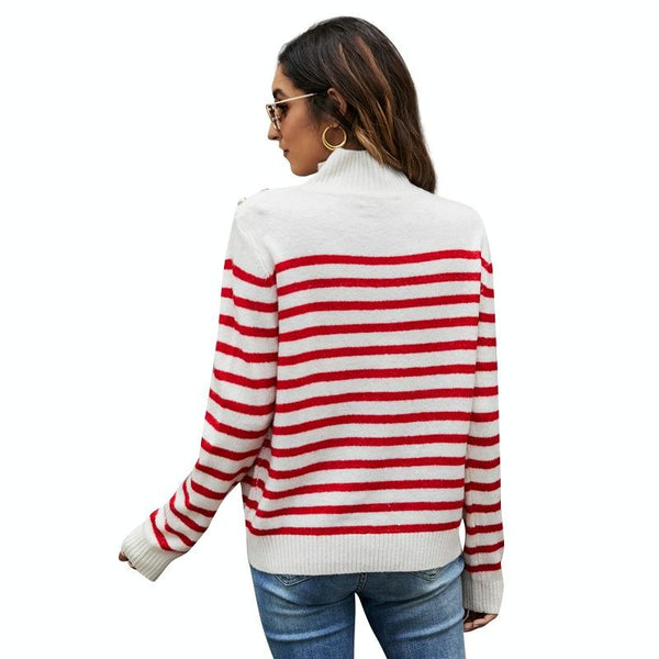 Women Striped Knitwear Loose Stand Up Collar Pullover Sweater Red And White Coats Jackets & Vests