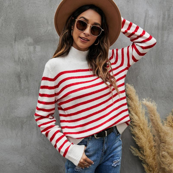 Women Striped Knitwear Loose Stand Up Collar Pullover Sweater Red And White Coats Jackets & Vests