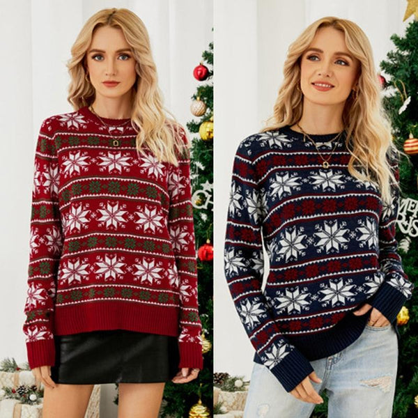 Women Round Neck Christmas Knitwear Long Sleeve Snowflake Sweater Red M Coats Jackets & Vests