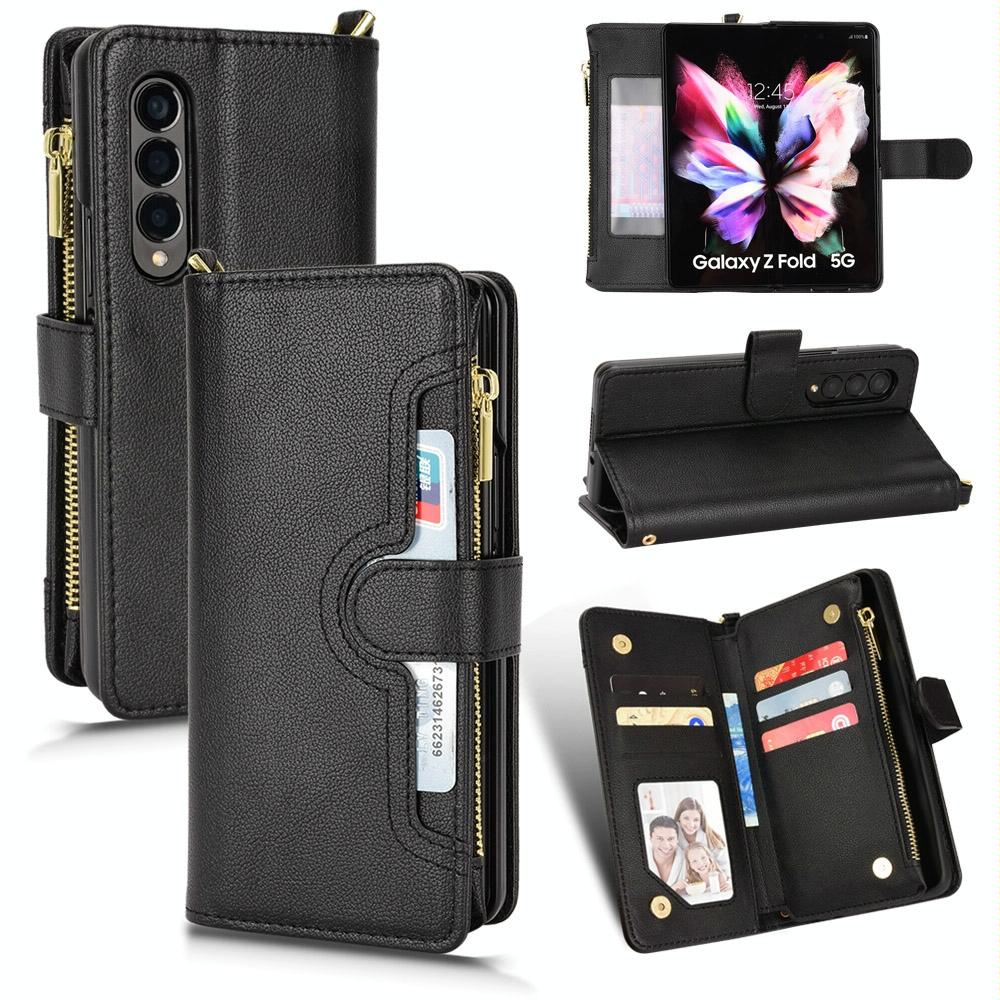 Zipper Leather Phone Case With Litchi Texture For Samsung Galaxy Fold4 5G Black Other Mobile Accessories