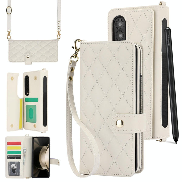 For Samsung Galaxy Z Fold4 5G Multifunctional Rhombic Leather Crossbody Phone Case White Cases Covers & Skins