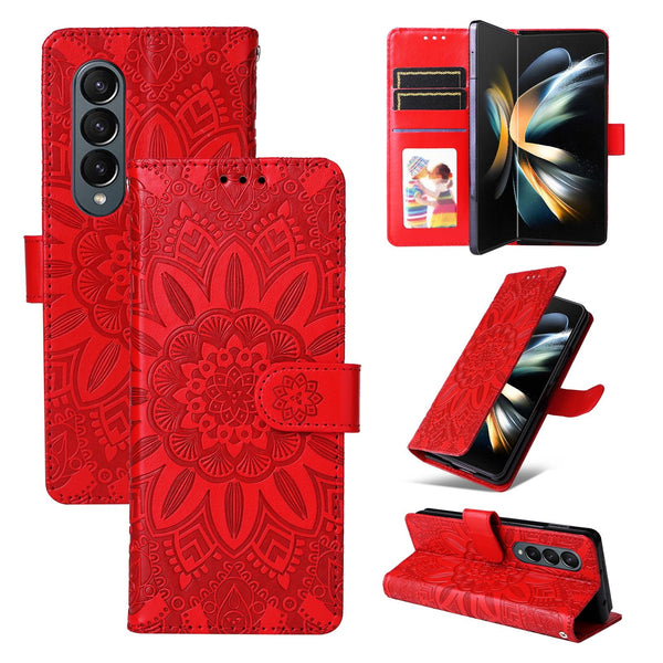 For Samsung Galaxy Z Fold4 5G Sunflower Embossed Leather Phone Case Red Cases Covers & Skins