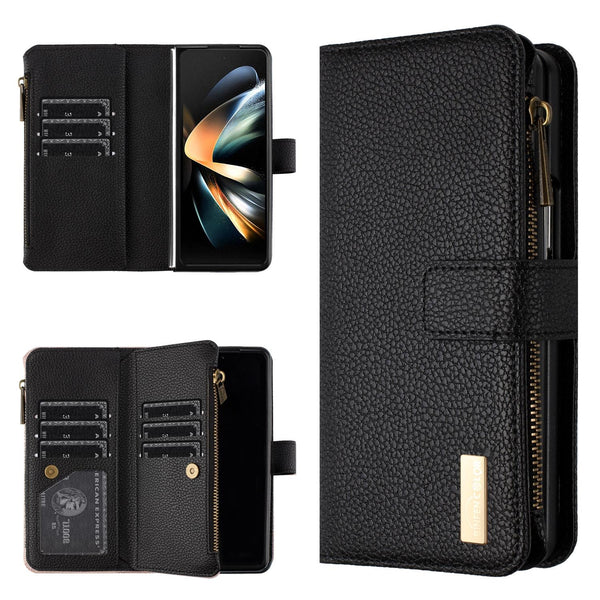 For Samsung Galaxy Z Fold4 5G Litchi Texture Zip Wallet Black Cases Covers & Skins