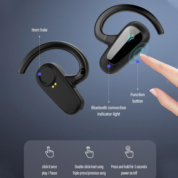 Digital Display Bluetooth Earphones Bone Conduction Stereo Black Earbuds
