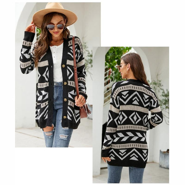 Autumn And Winter Female Diamond Loose Knitted Cardigan Jacquard Medium Length Sweater Jacket Black Jumpers & Cardigans