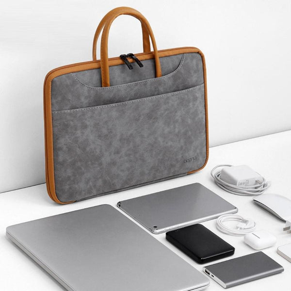 14 Inch Waterproof Leather Computer Bag Fully Open & Portable Gray Brown Laptop Cases & Bags